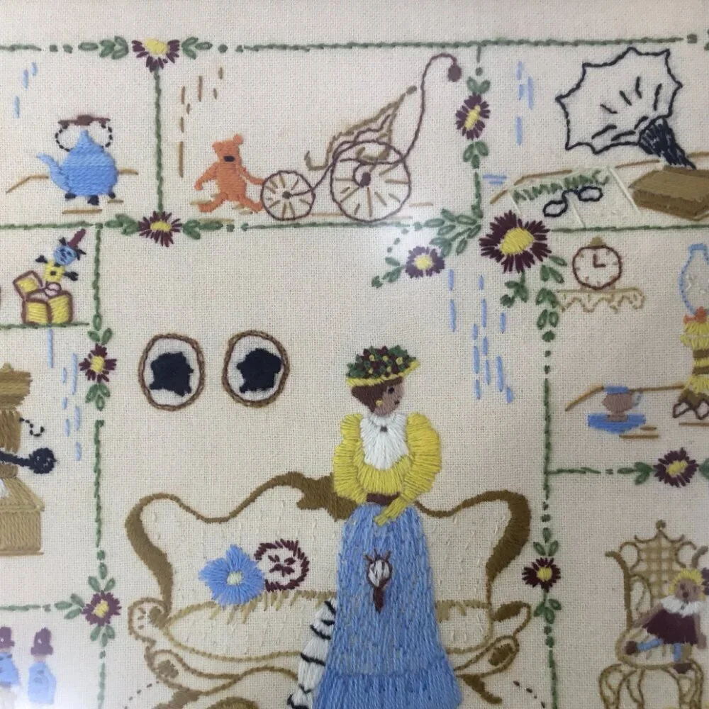 Vtg Finished Framed Crewel Embroidery Spinnerin Nostalgia 326 Elaine Thompson